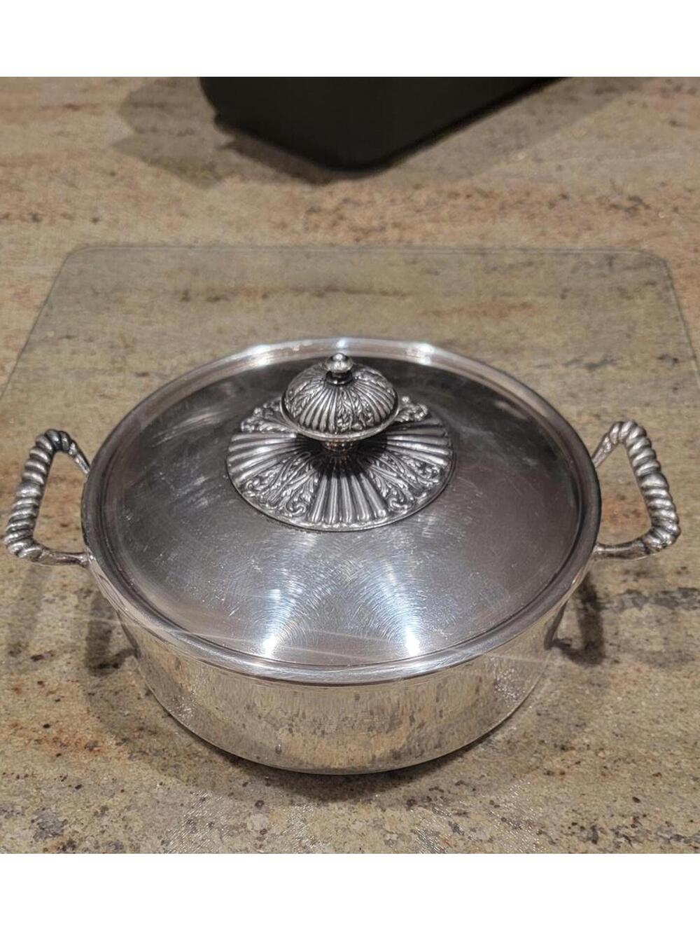 Vintage PM Italy Silver Covered Serving Dish with Ornate Lid and Handles